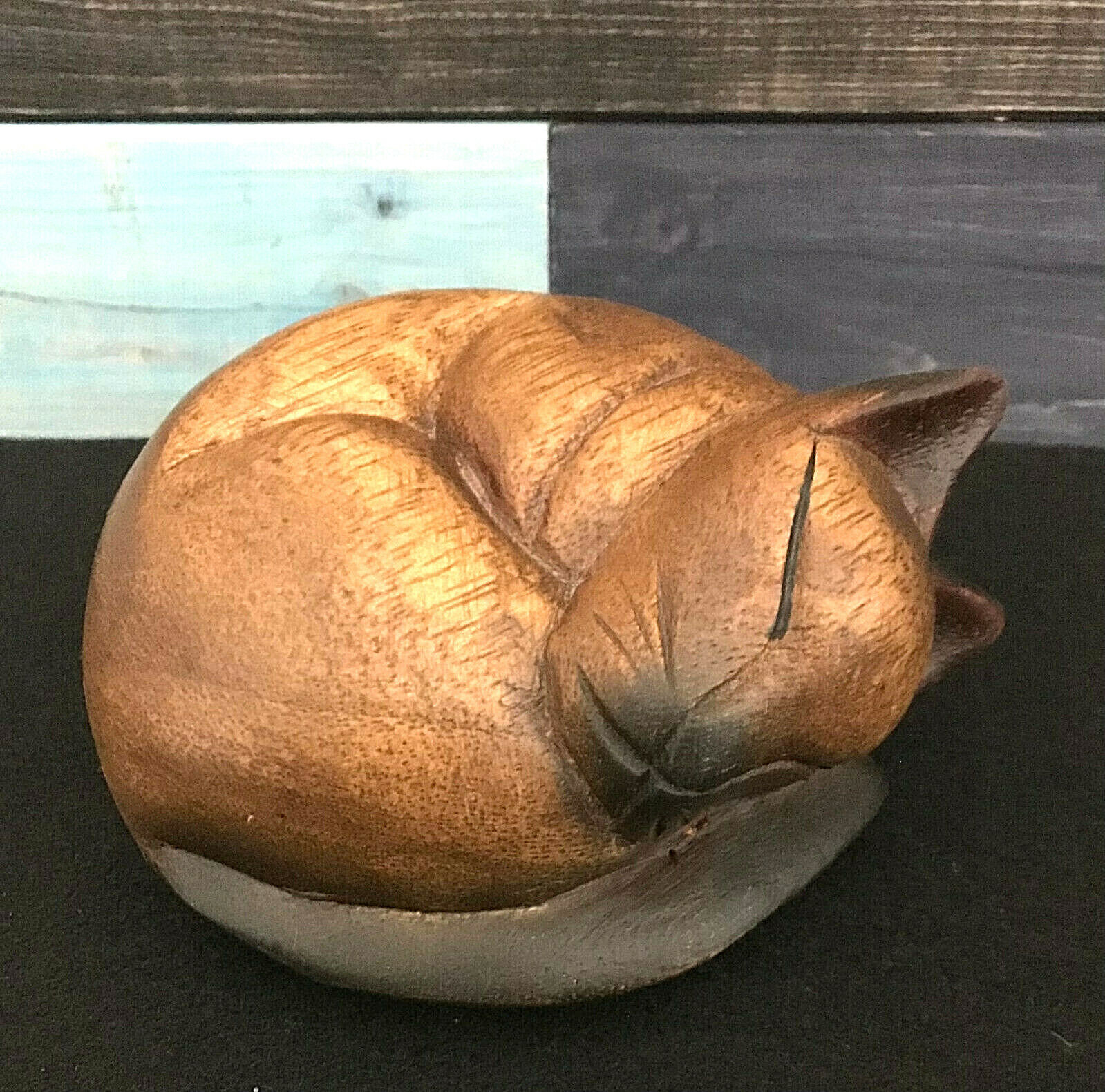 Hand Carved Wooden Siamese Cat Curled Up Sleeping Figurine