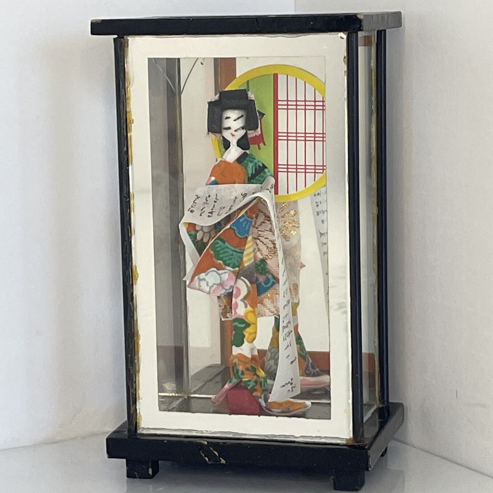 Vtg MCM Miniature Japanese Geisha Figure Mirrored Display Case Black Frame 1F11