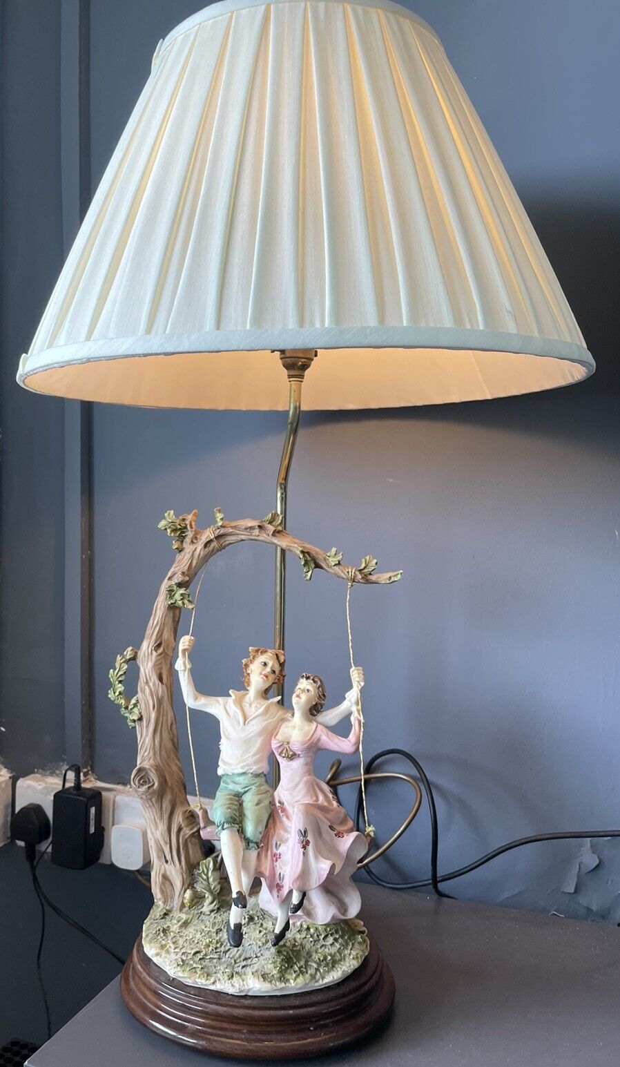 Vintage Capodimonte Couple On Garden Tree Swing Lamp