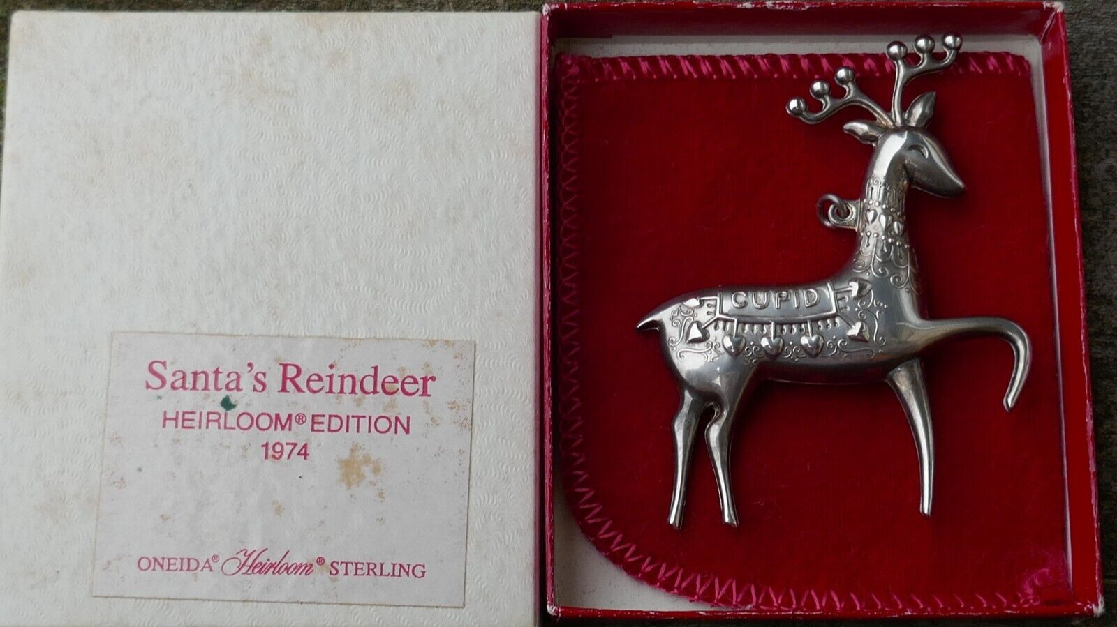 Vintage 1974 Oneida Sterling Silver Cupid Reindeer Christmas Ornament / Brooch