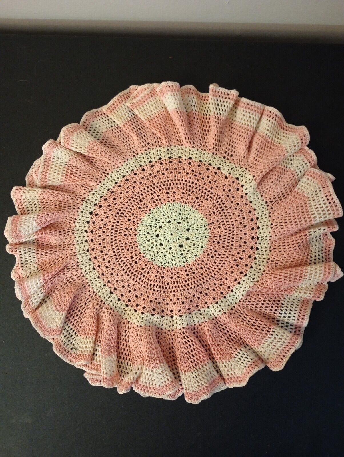 Vintage Handmade Crocheted Pink & White Colored Round Doily 18” Thick