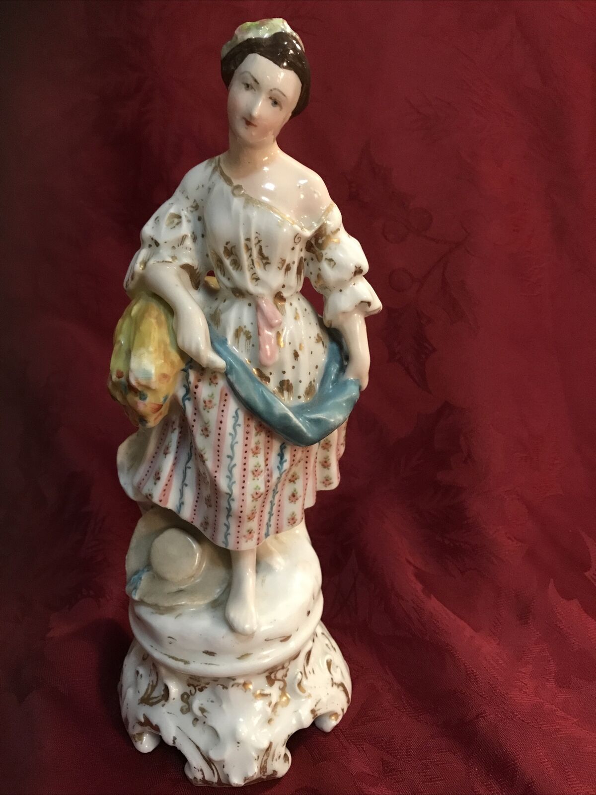 Late 19thc Victorian Figurine Pearlware Style Lady On Ornate Base 10” Tall