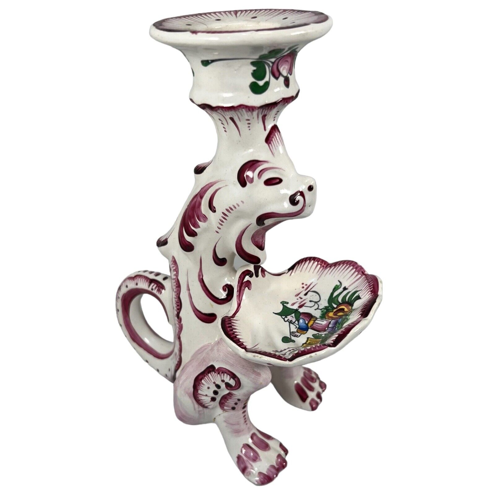Antique French Faience Griffin Candle Holder Dragon Hand Painted  READ