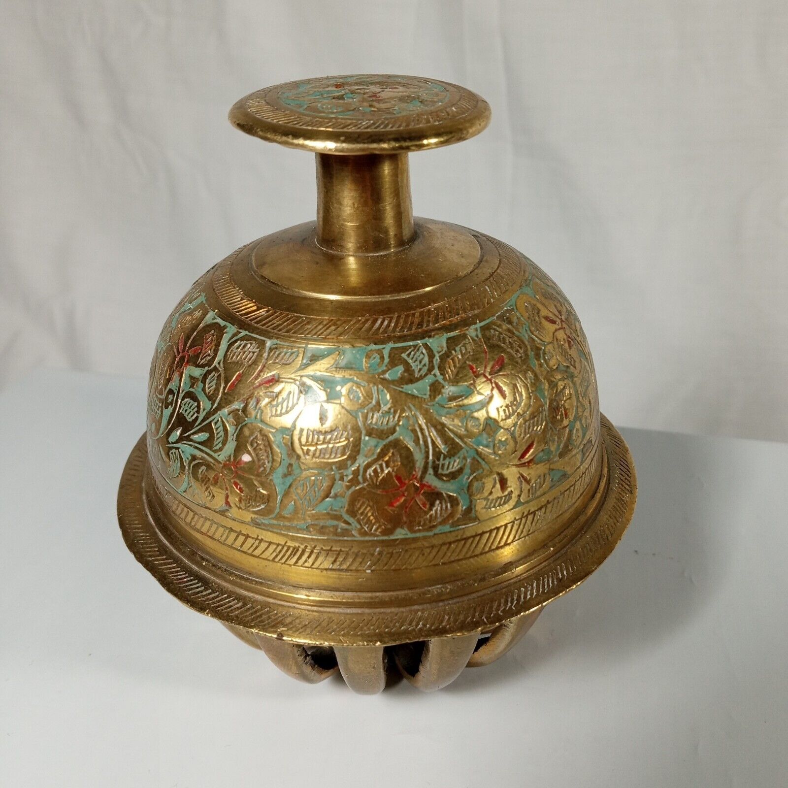 Elephant Claw Bell Antique Vintage Ornate Brass Engraved Leaf Pattern 16 Tines