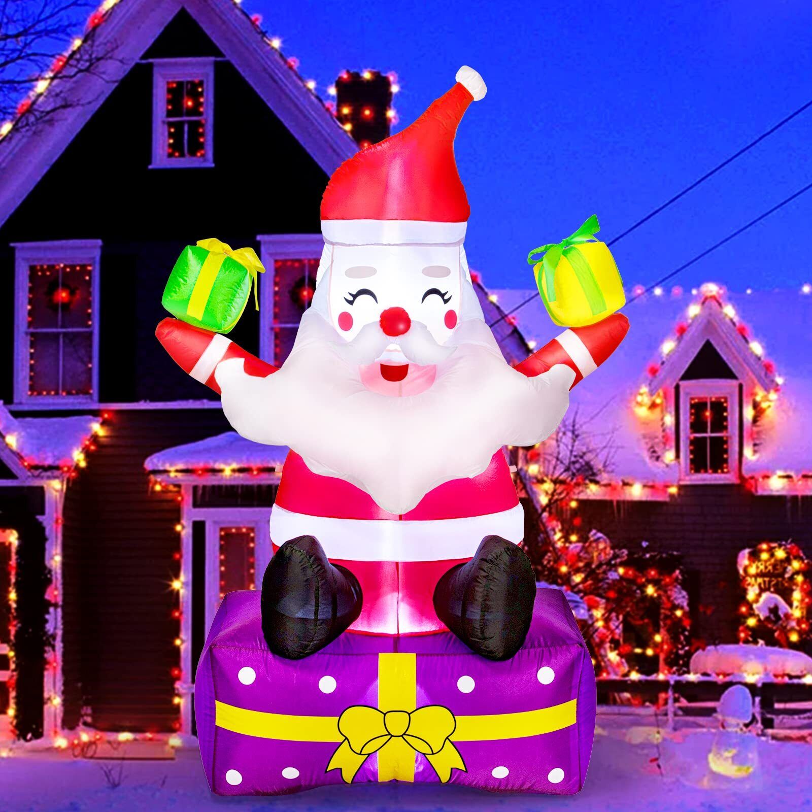 Christmas 6 Ft Outdoor Inflatable Santa Gift Box Blow Up Yard LED Lawn Garden US