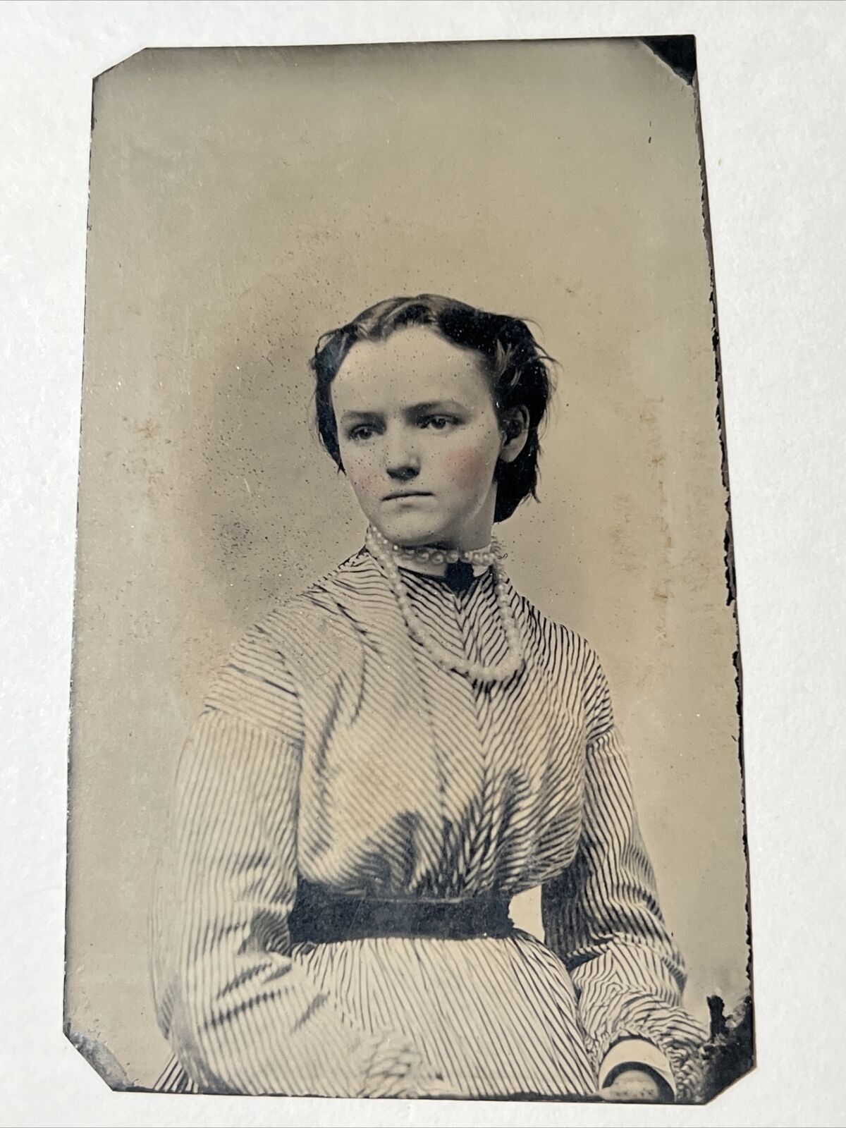 antique 1870s Tintype Photo Woman with Rosy Cheeks Lovely Pose