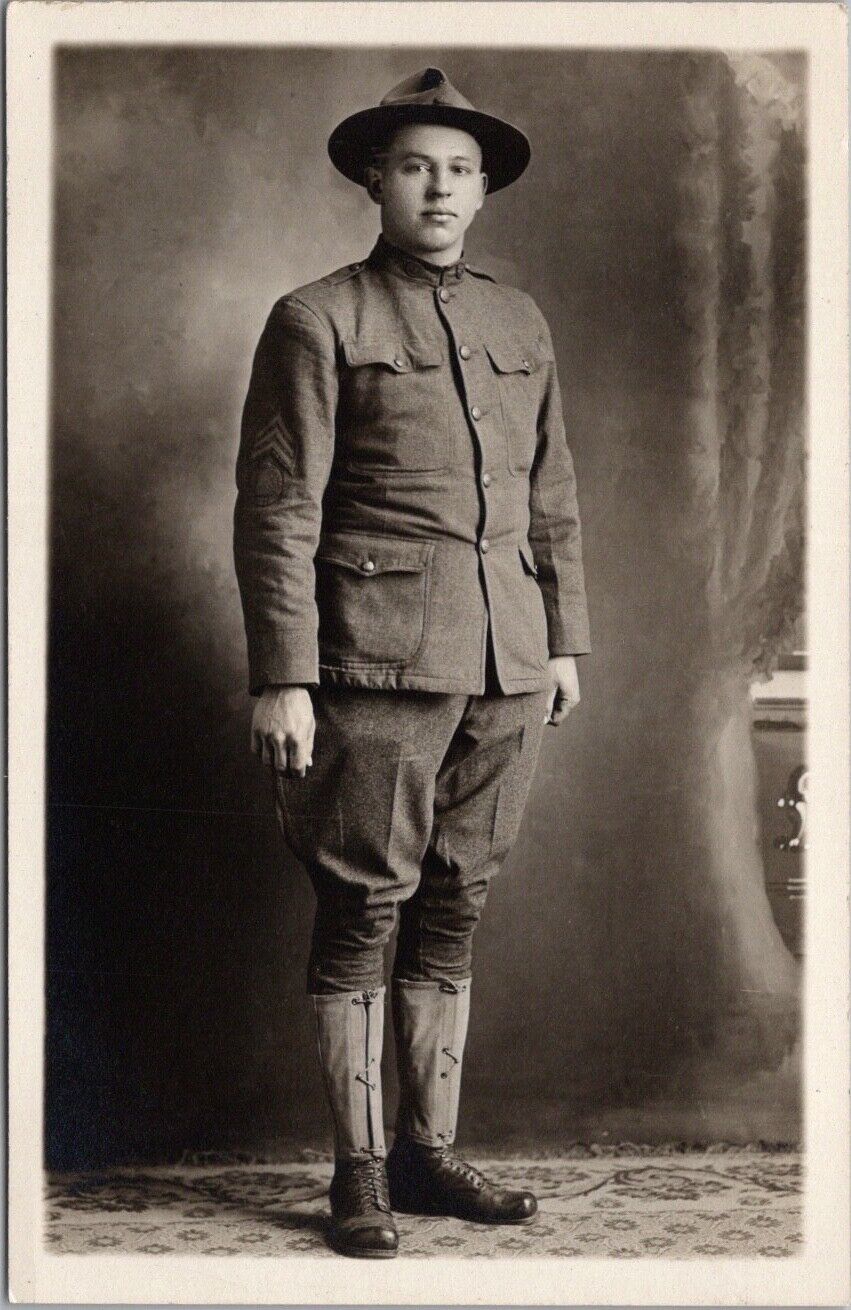 Vintage 1910s WWI Military Studio RPPC Photo Postcard Young Soldier in Uniform