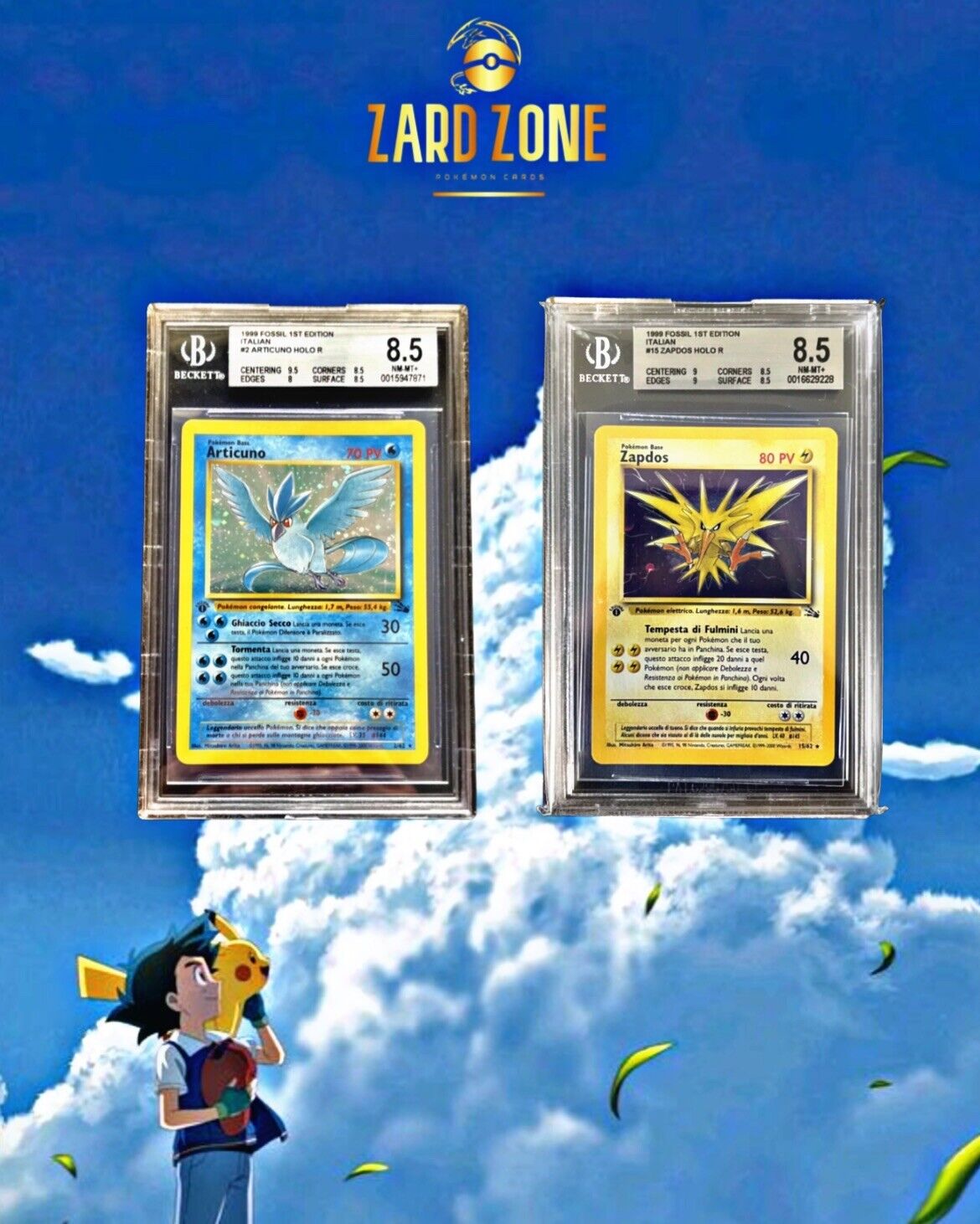 Pokemon Cards Set Fossil Holo First Italian Edition Zapdos + Articuno BGS 8.5.