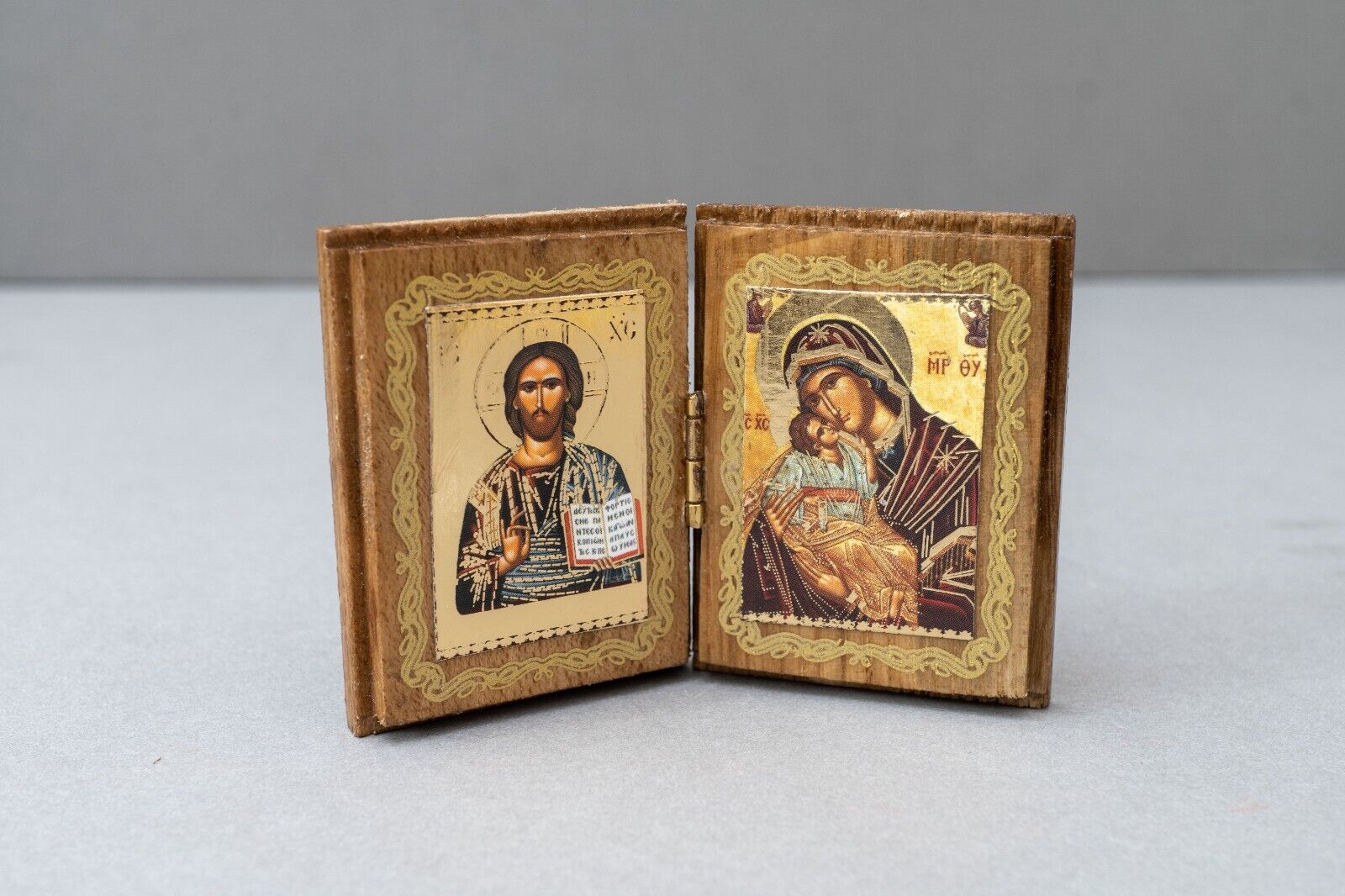 Miniature Wooden Diptych Icons , Greek - Byzantine Orthodox Icon.
