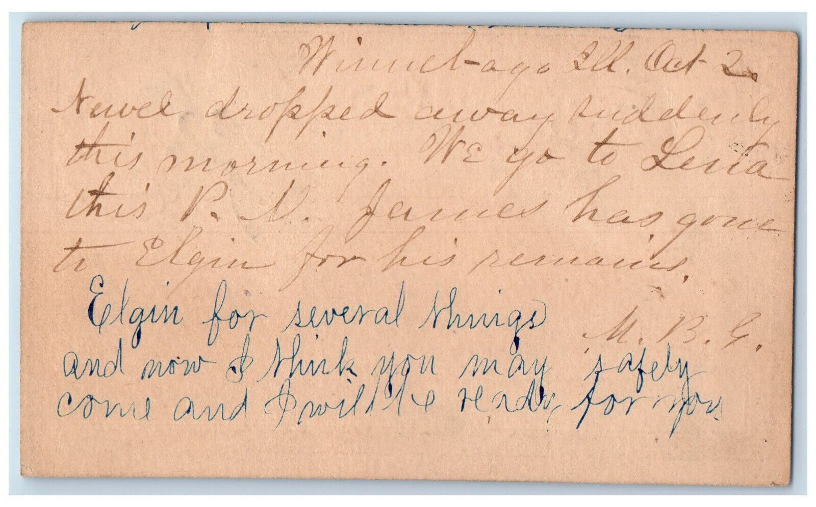 c1880\'s PV James to Elgin Letter Winnebago Illinois IL Rockford IL Postal Card
