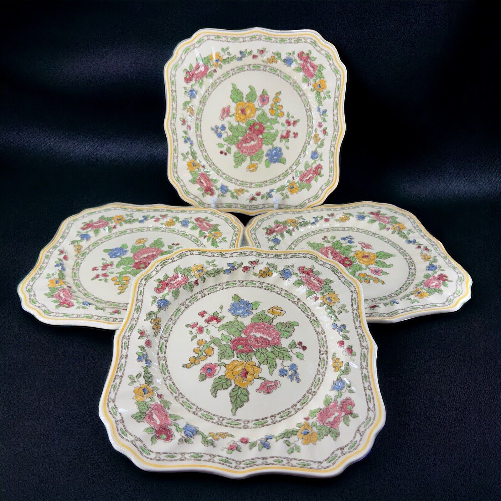 Antique Royal Doulton The Cavendish Porcelain Square Dish Plate Set 4 England