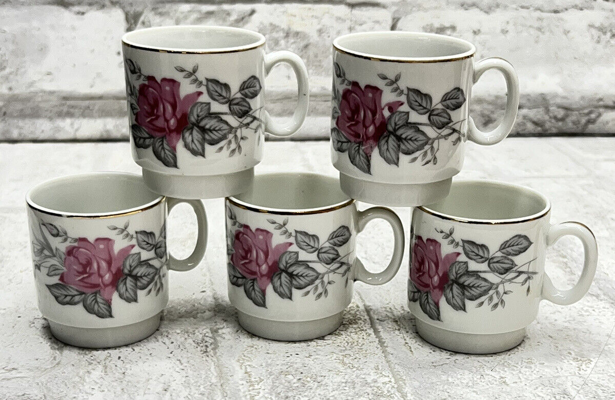 Jay\'s Japan Small Tea Or Coffee Mugs Rose Themed Set Of 5 Vintage