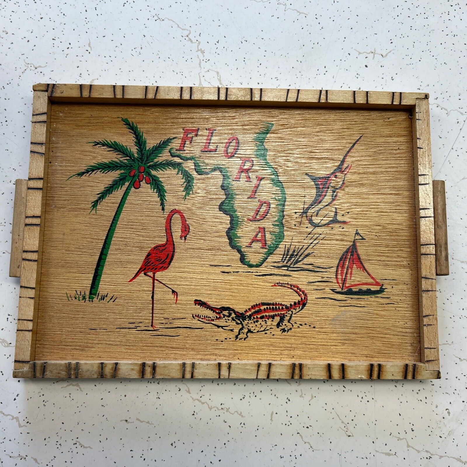 Vintage Florida Wooden Souvenir Serving Tray Flamingo Palm Tree Crocodile Boat