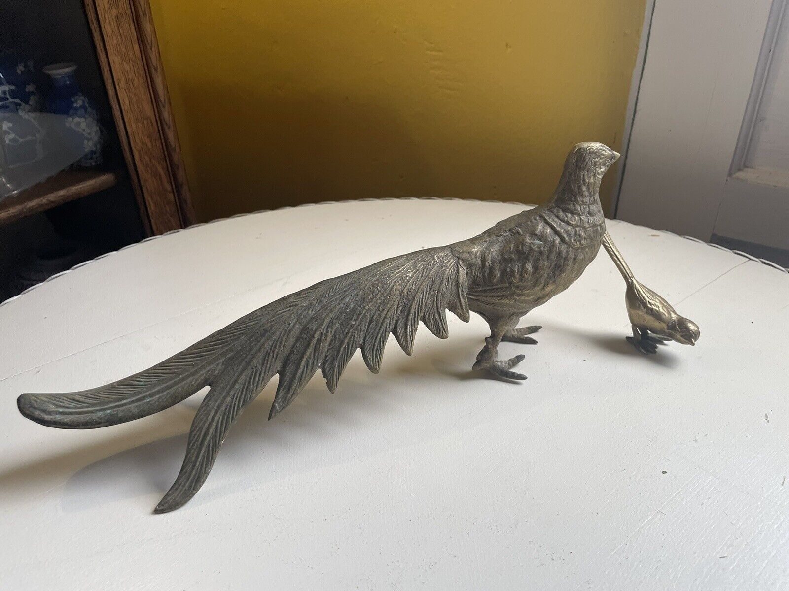 Vintage Brass Pheasant Female with Baby Made In Italy 13” Long