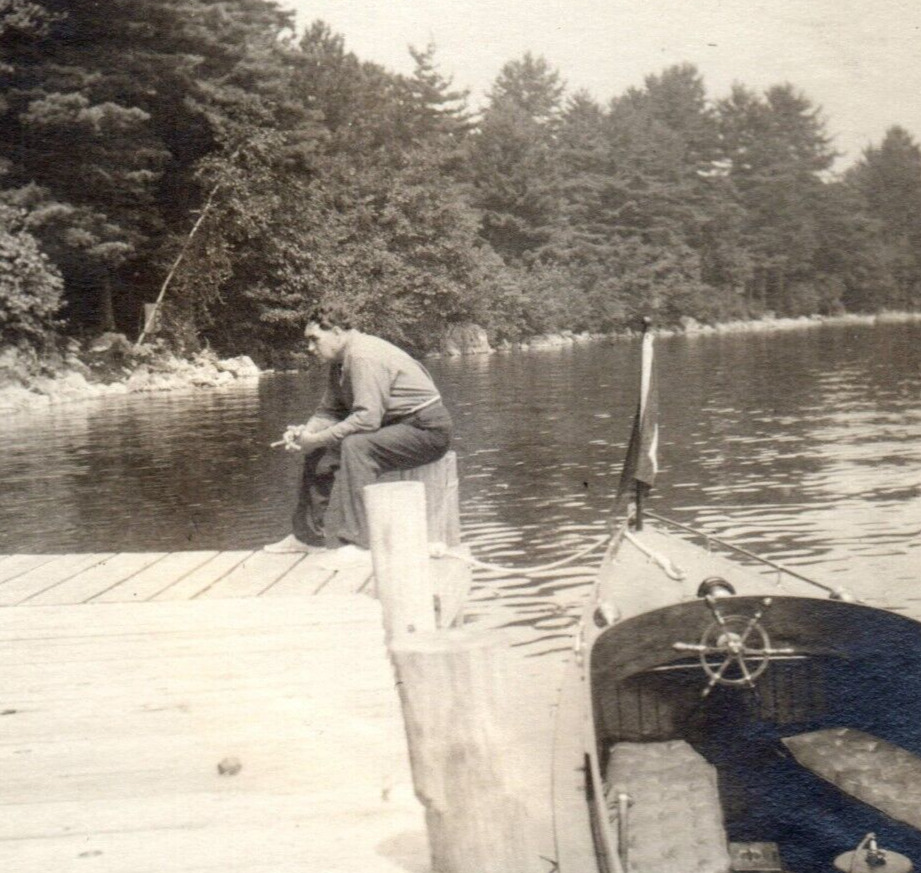 Smoke Break Man On Dock By Boat Original Found Photo Vintage Photograph Antique