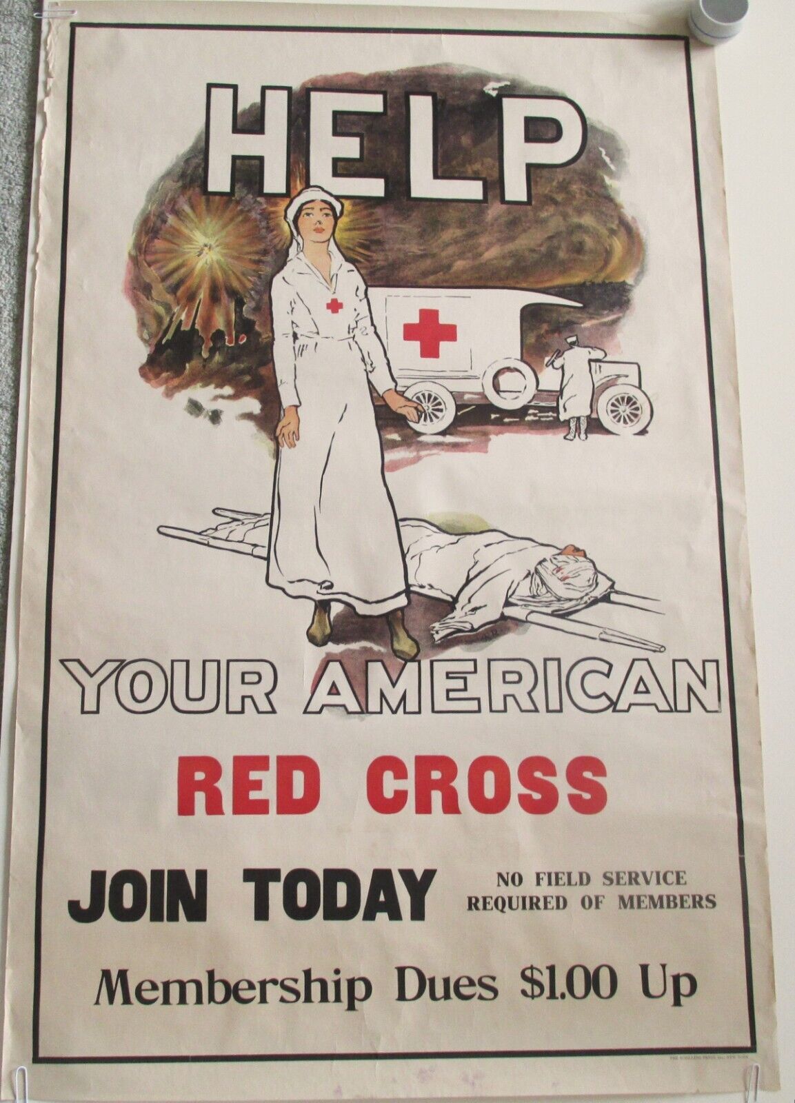 Original WW1 Red Cross Poster HELP YOUR AMERICAN RED CROSS JOIN TODAY w Nurse