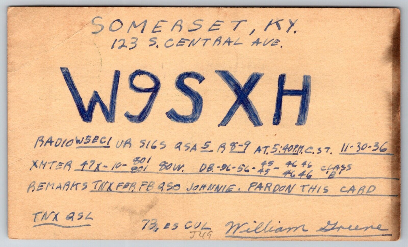 Handmade QSL Card on US Postal Card W9SXH Somerset Kentucky 1936 Postcard