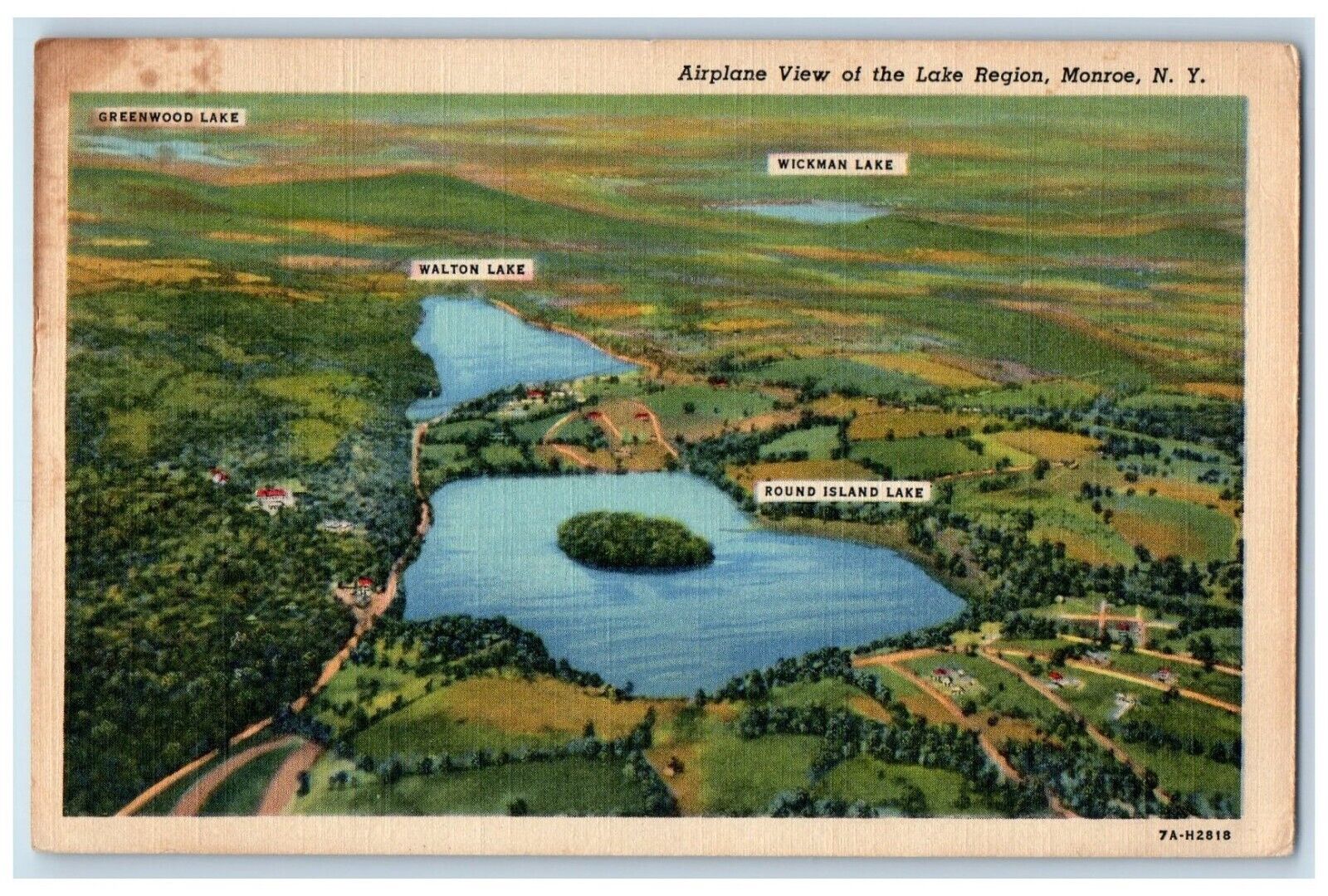 1954 Aerial Airplane View Lake Region Greenwood Lake Monroe New York NY Postcard