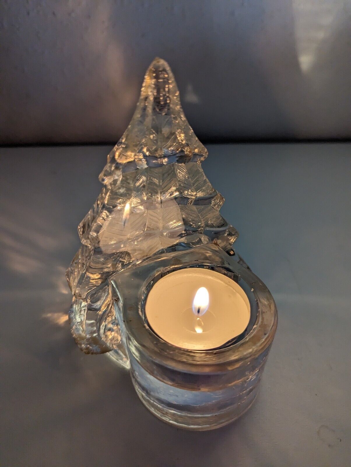 Vintage Heavy Glass CHRISTMAS TREE Candle tea light Holder RARE Taiwan MCM 3D