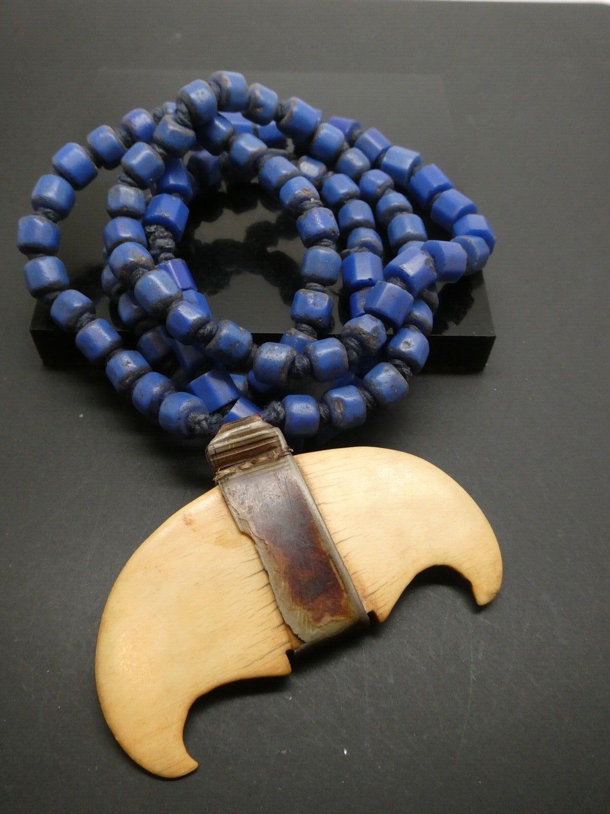 Antique European Russian Blue Czech Glass Beads African Trade Pendant Necklace