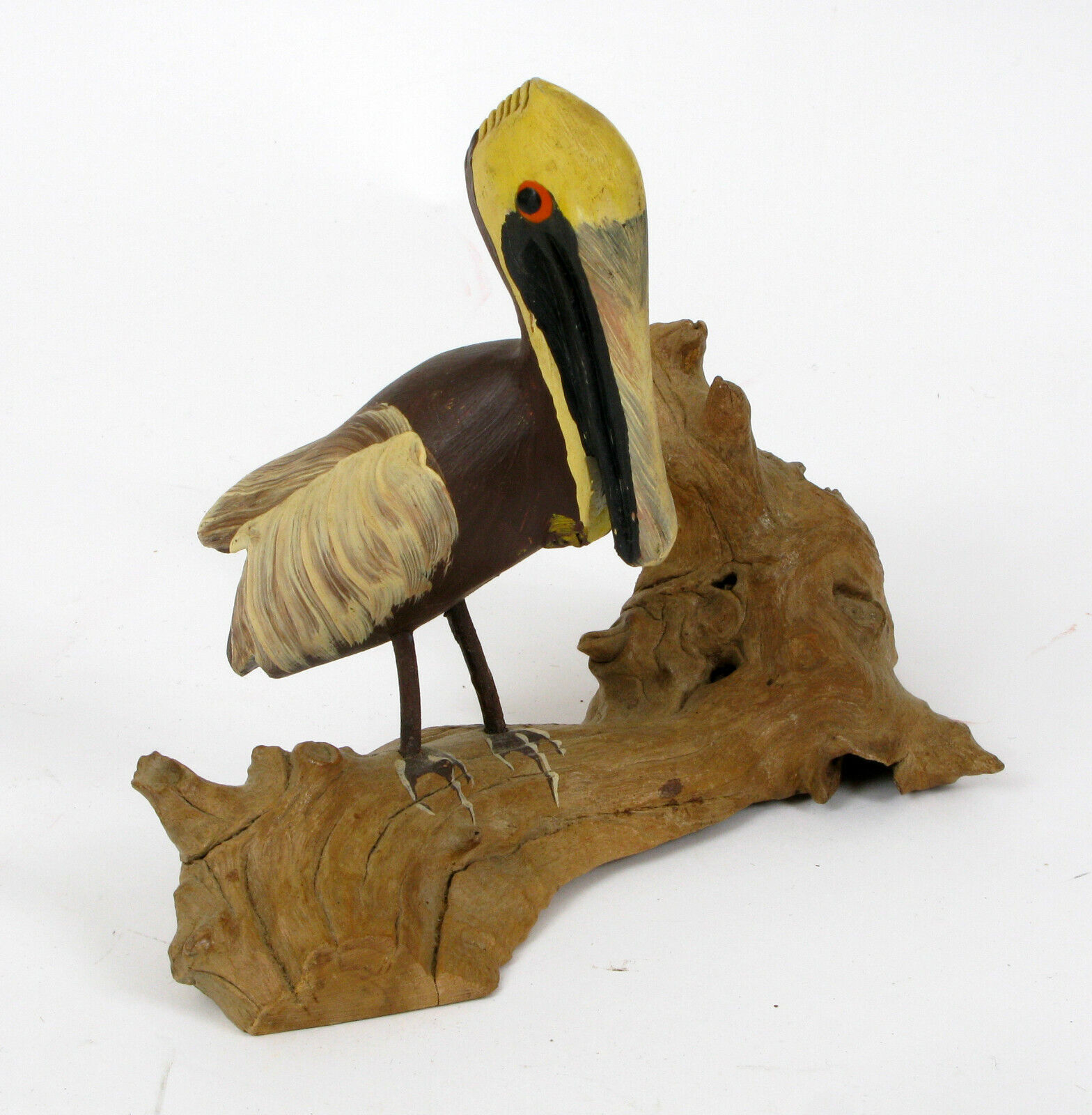VINTAGE WOOD CARVED HAND PAINTED PELICAN BIRD ON DRIFTWOOD KEY WEST FLORIDA 