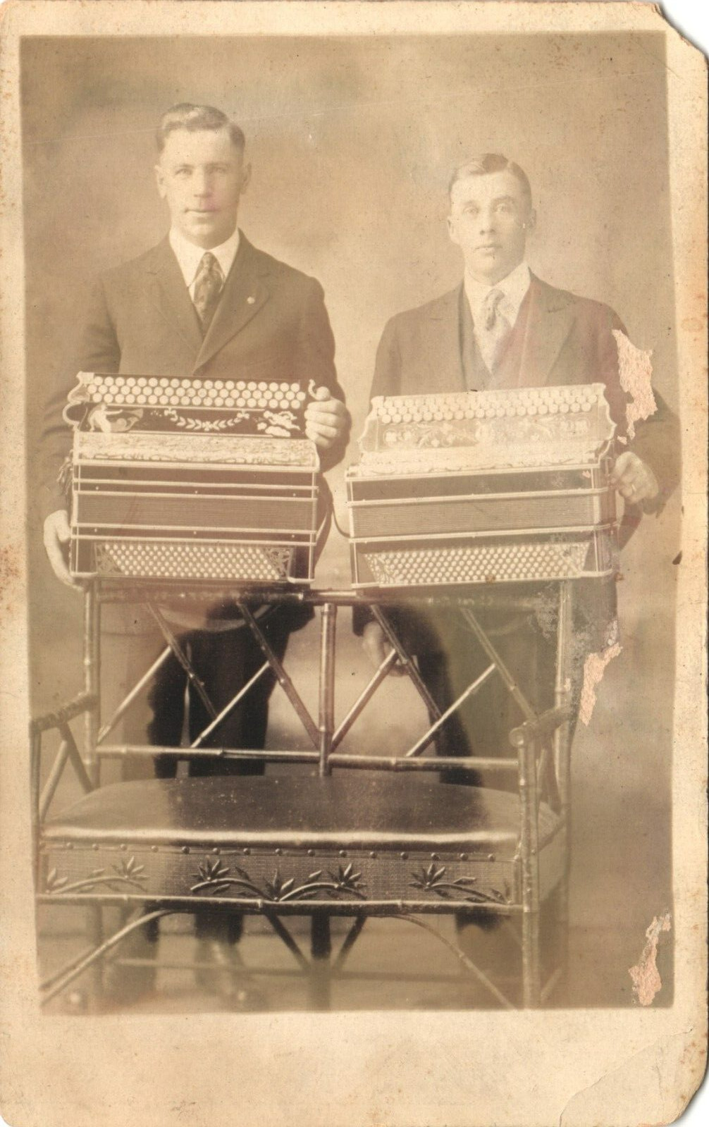 ACCORDION BAND antique real photo postcard rppc POLKA MUSICIANS c1910 duo