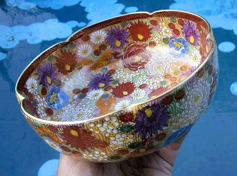 Superb Vintage Japanese Satsuma Millefiori 1000 Flowers Gold Gilded Lobed Bowl