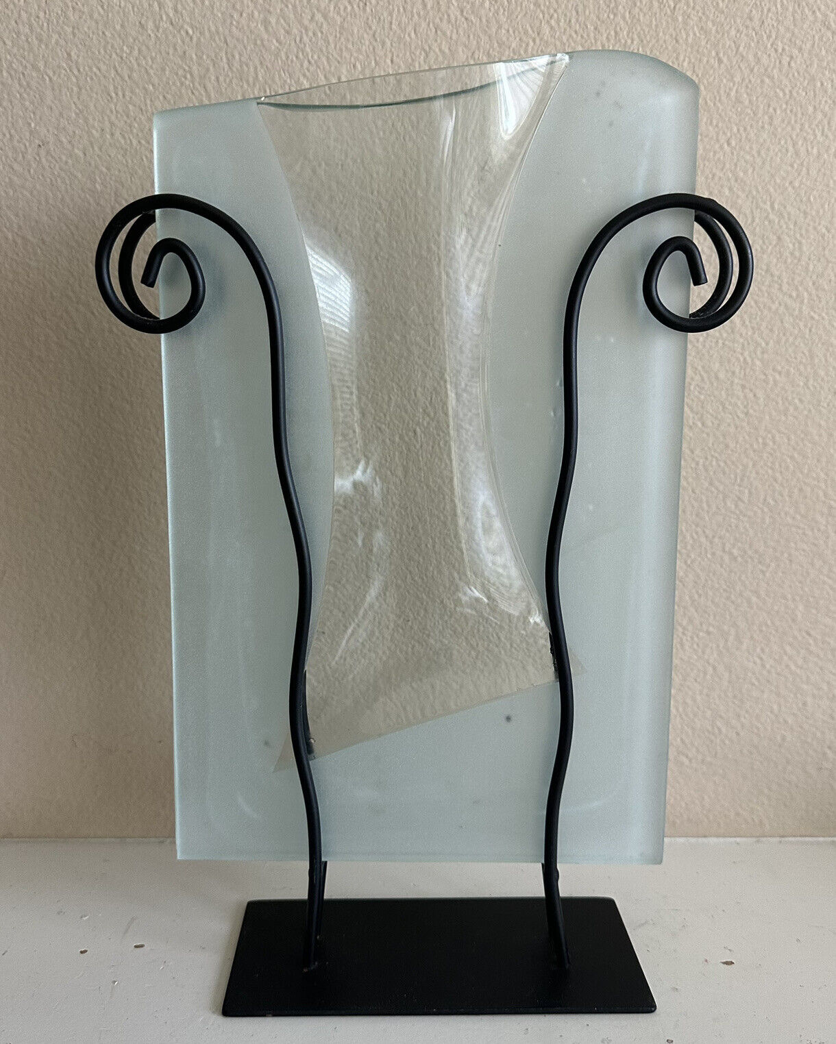 Vintage Postmodern Pressed Glass + Squiggle Metal Vase, Circa 1990s