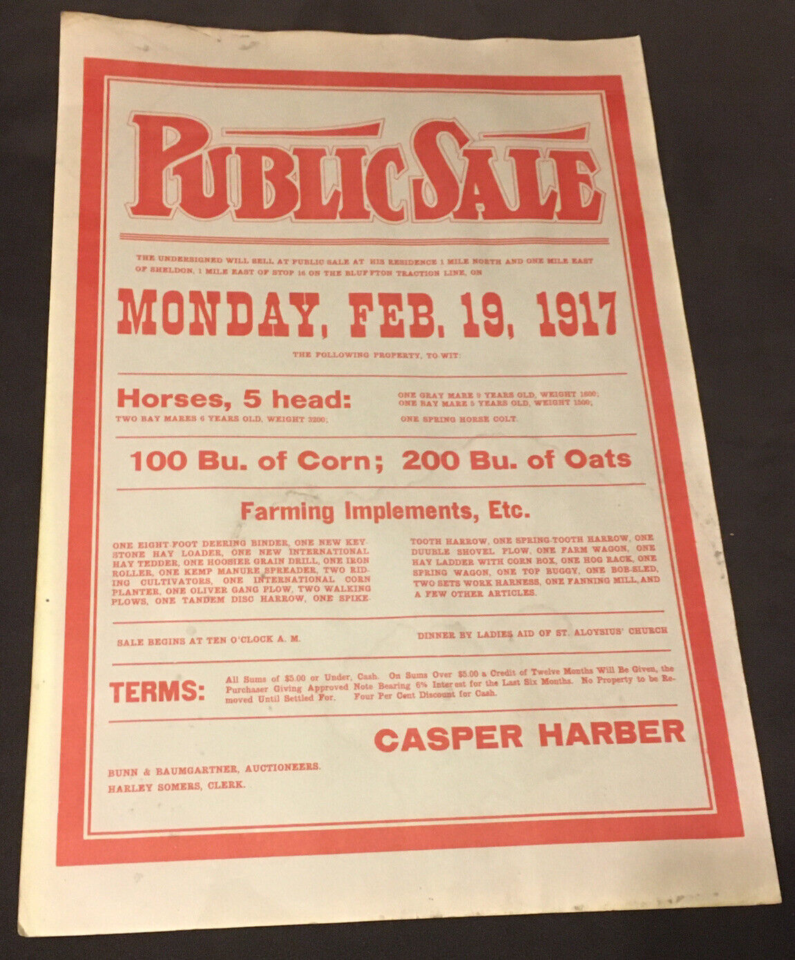 1917 Farm Auction Poster Decatur Indiana Deering International Oliver Sheldon