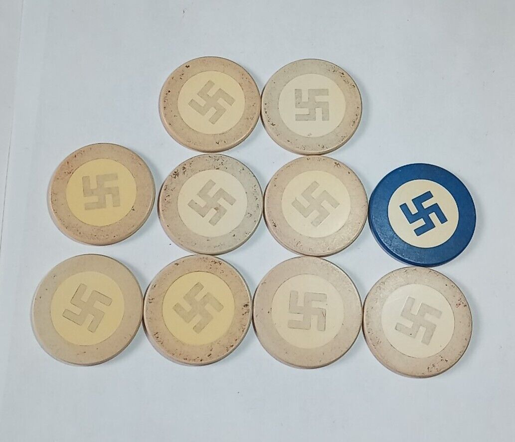 Vintage Lot of 10 Good Luck Swastika Whirling Logs Symbol Clay Poker Chips