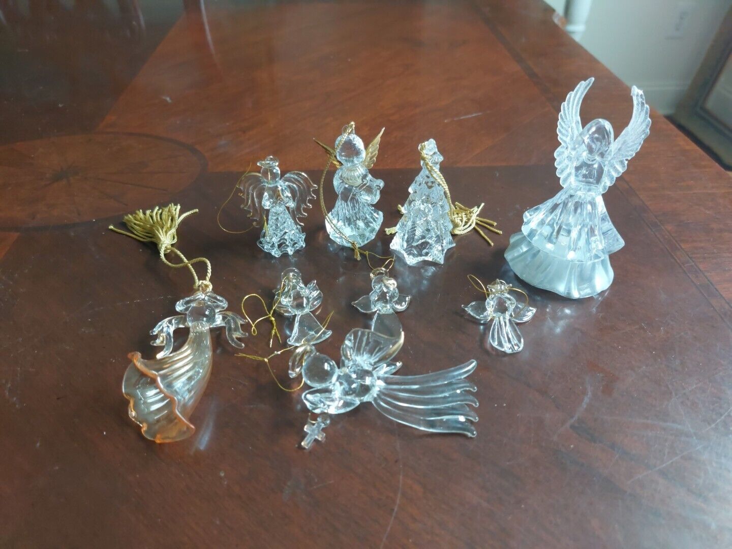 Set Of 8 Glass Blown  Angels Christmas Tree Chrystal  Ornaments & Light Up Angel