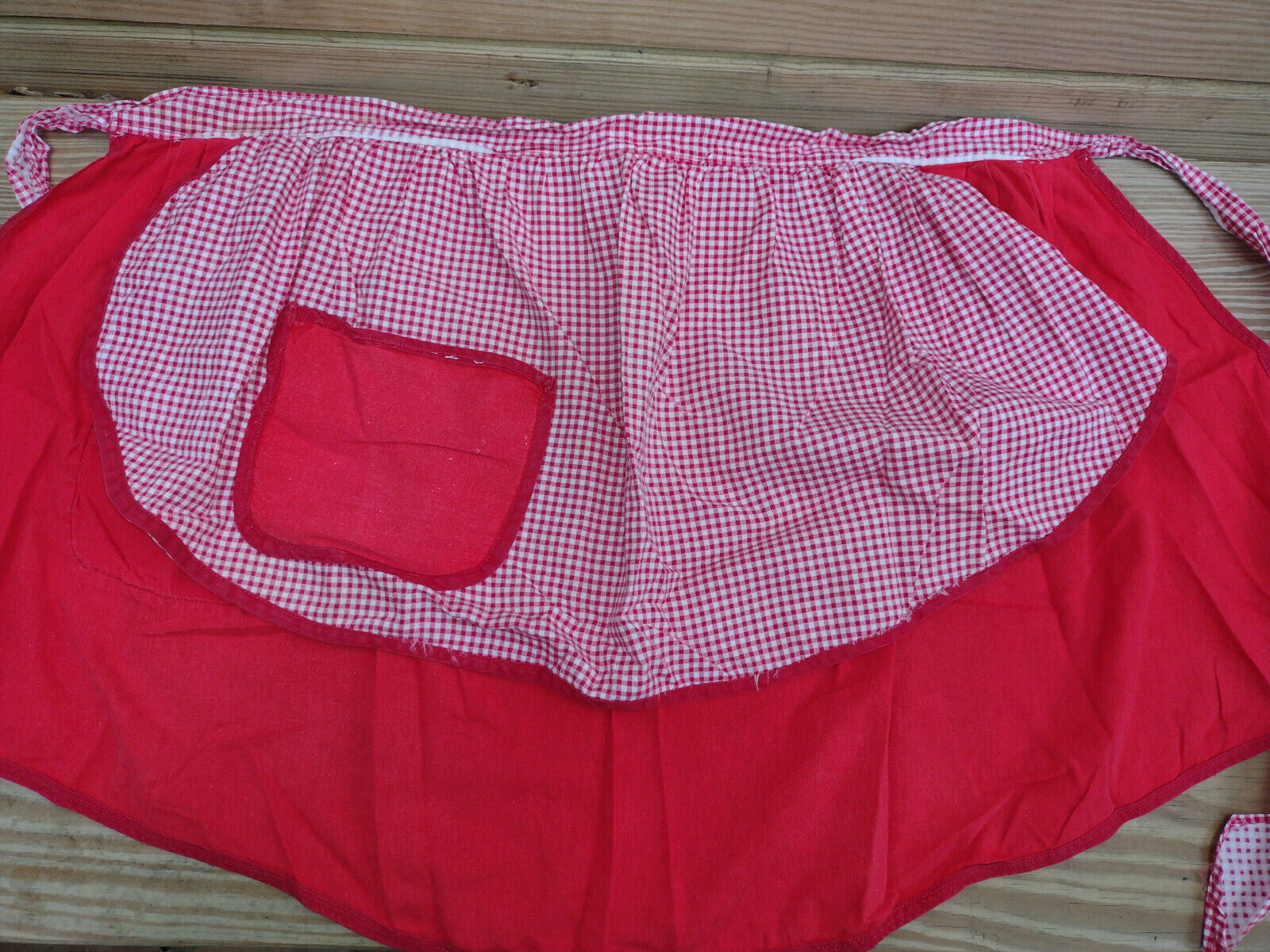 VINTAGE Mid-Century Half Apron Red Gingham Reversible Homemade Cotton 