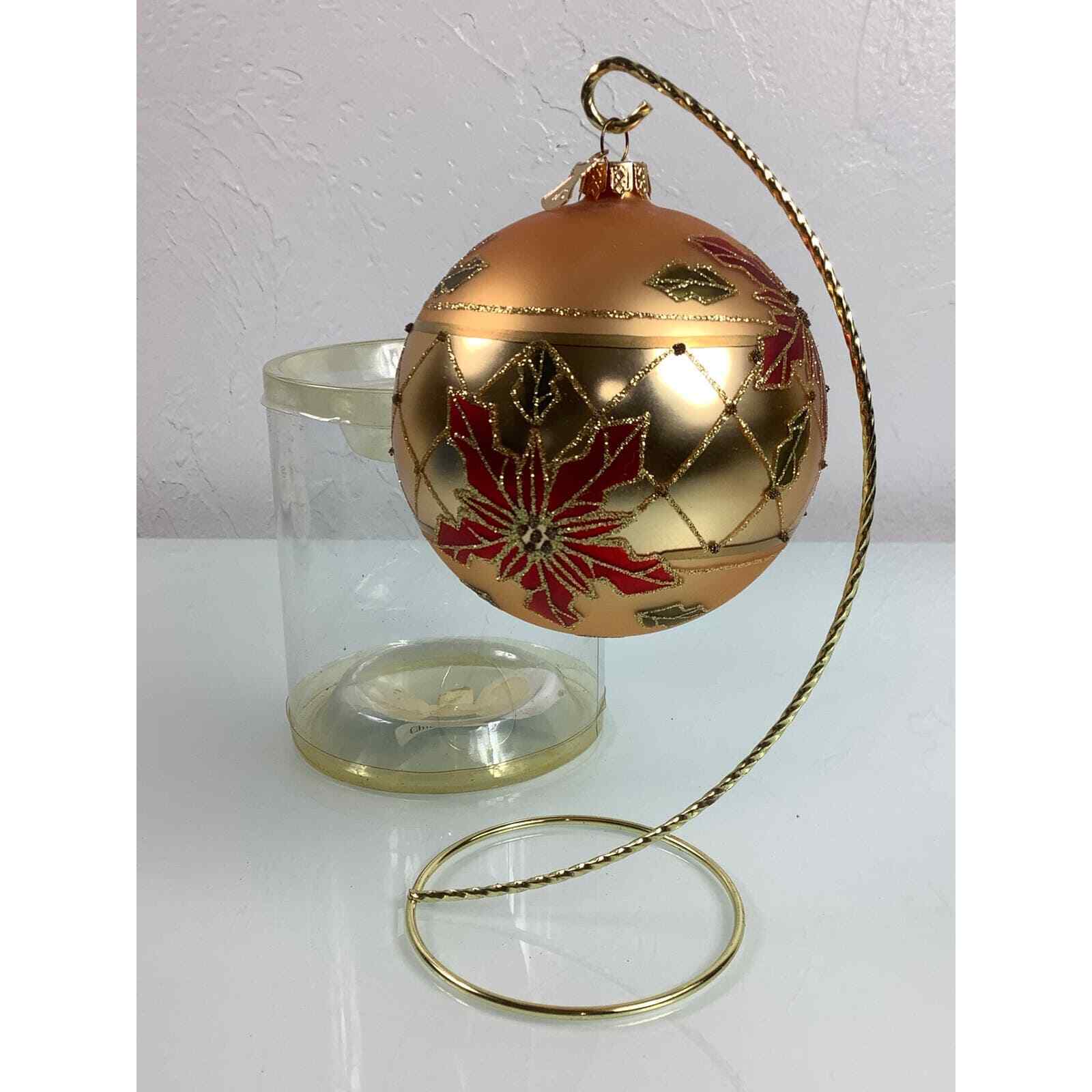 VTG William Sullivans Glass Handblown Christmas Glitter Poinsettias Ornament 4” 