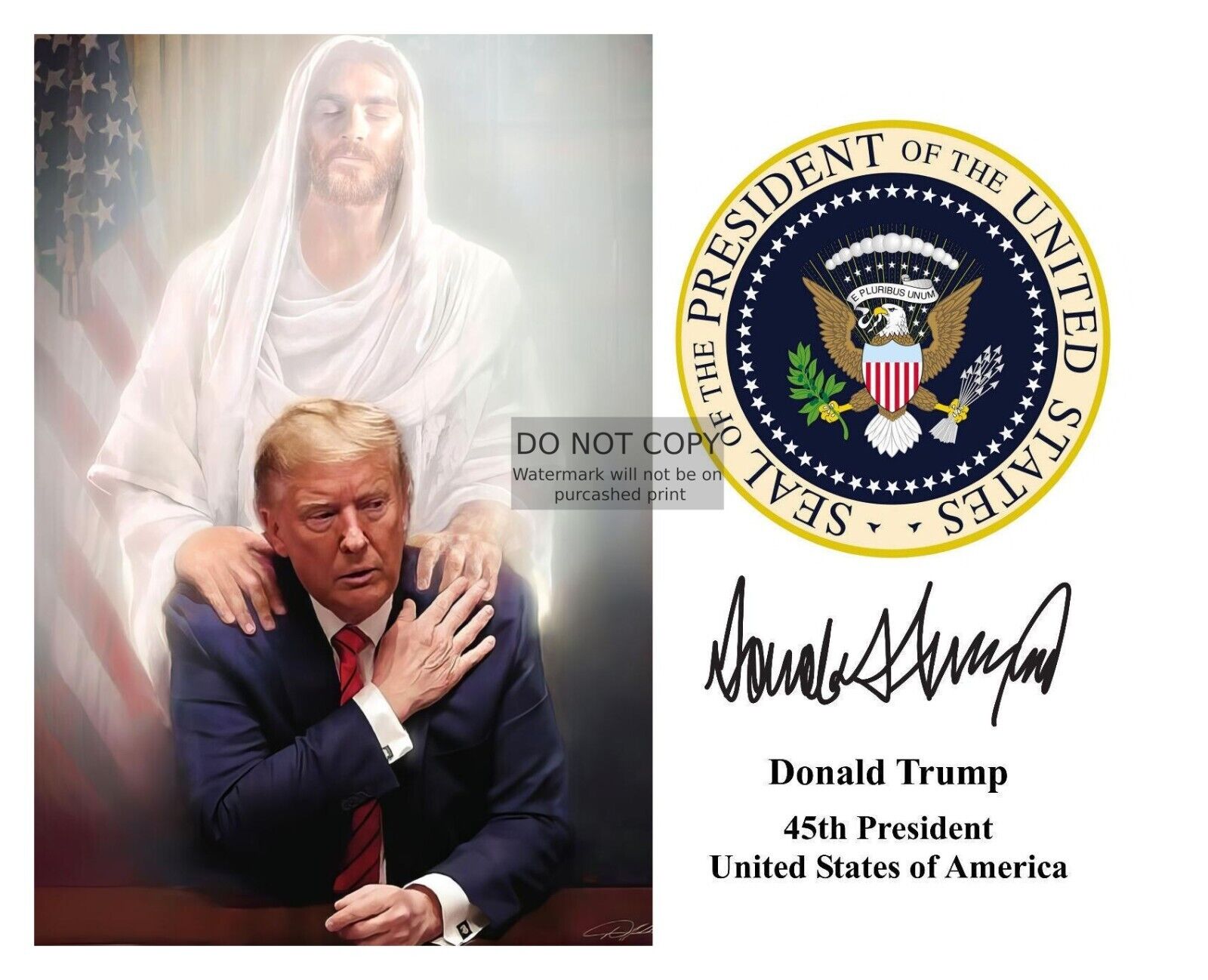 PRESIDENT DONALD TRUMP JESUS HOVERING PRESIDENTIAL SEAL AUTOGRAPHED 8X10 PHOTO