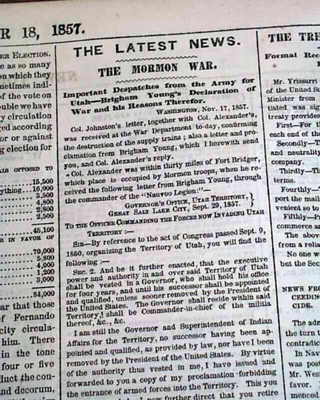BRIGHAM YOUNG Prolamation of Martial Law Utah War Decl. Mormons  1857 Newspaper