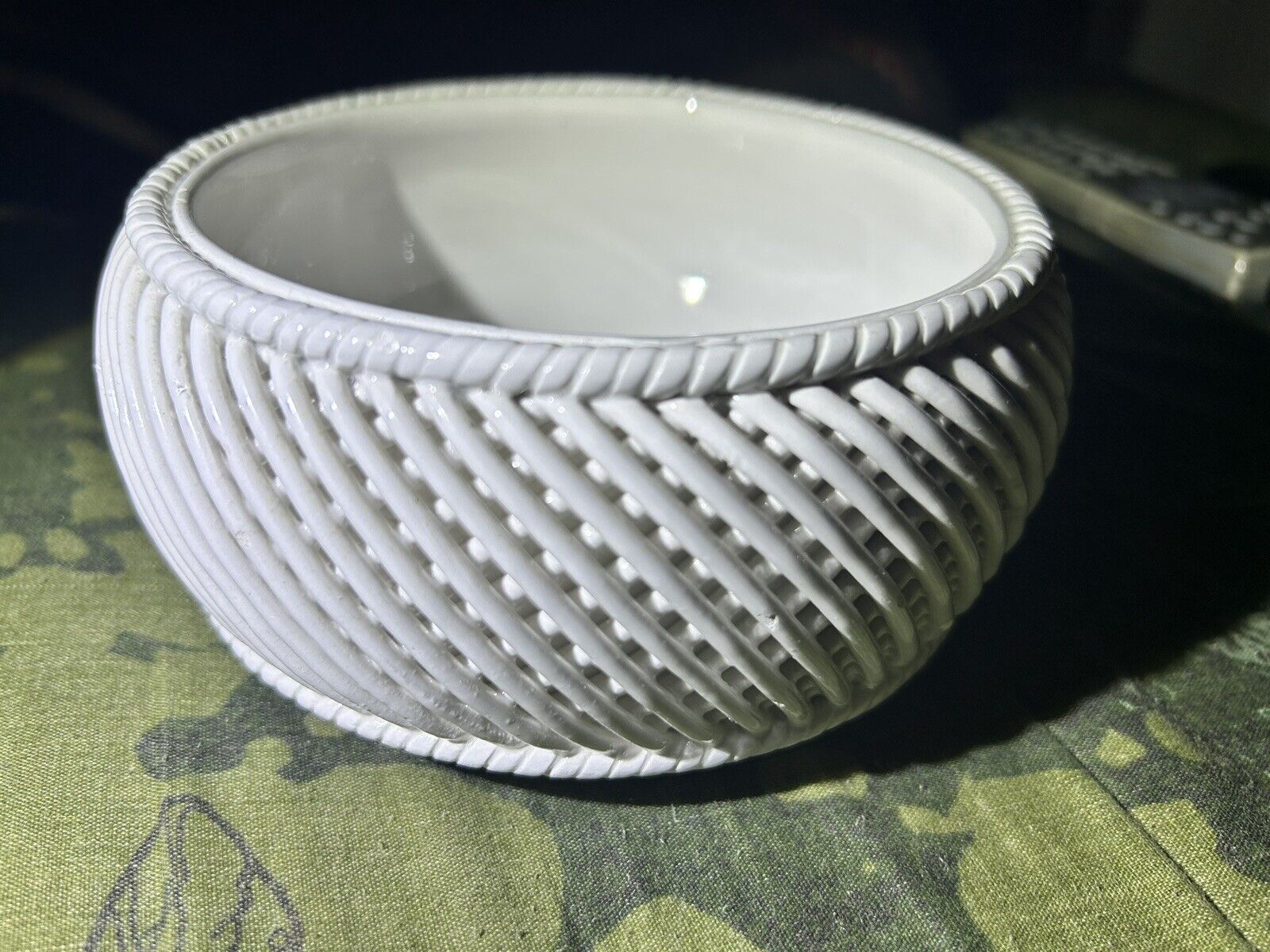 Antique Marked Porcelain Blue Lattice Woven Weaved Stunning Rare Bowl Perfect