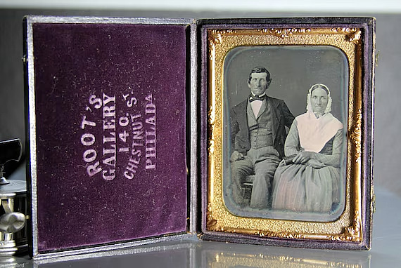 1/4 Marcus A Root Daguerreotype Man & Wife - Leather Case Philadelphia Mennonite