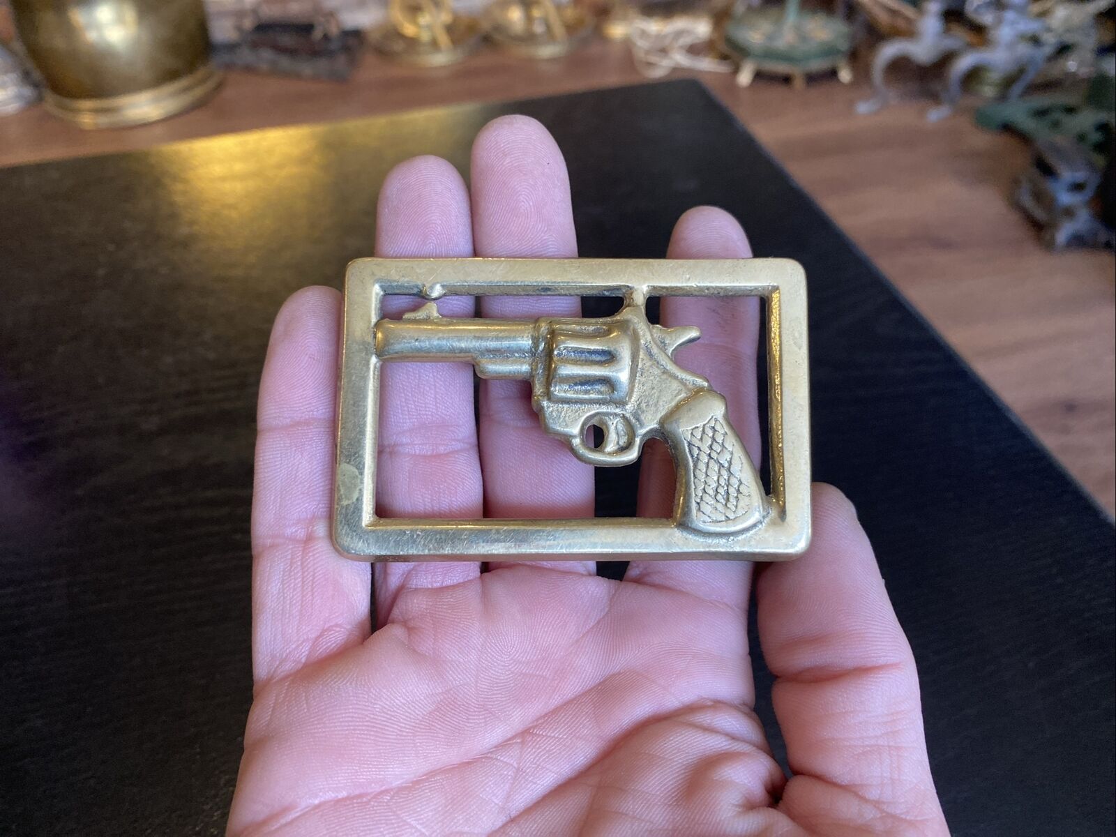 Vintage Solid Brass Revolver Pistol Belt Buckle