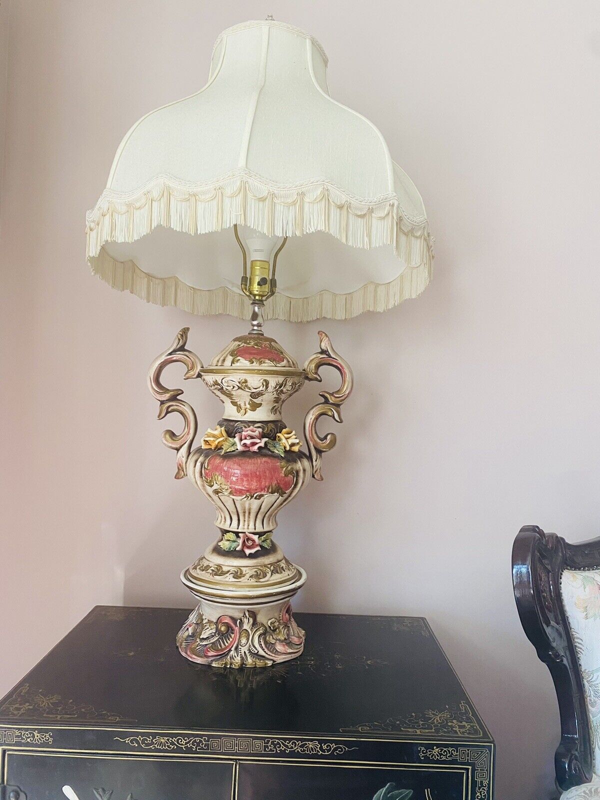 Vintage Victorian Double Handle Lamp Flower Floral Italy Capodimonte Porcelain