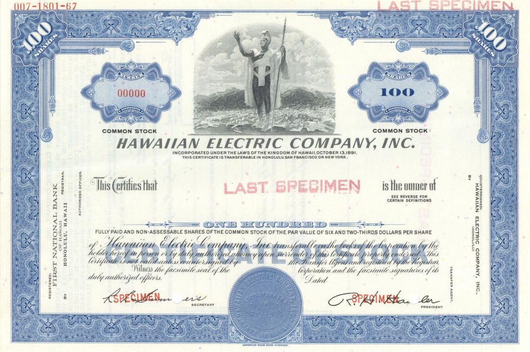 Hawaiian Electric Co., Inc. - Specimen Stock Certificate - Specimen Stocks & Bon