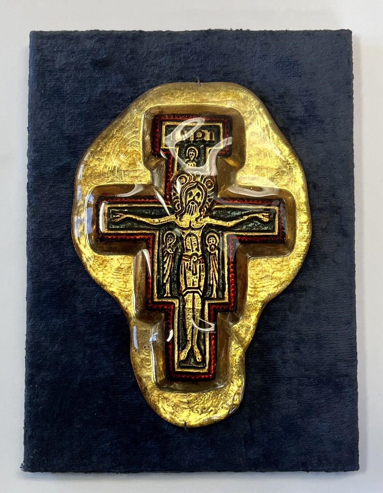 Vintage Byzantine Orthodox Crucifixion Icon Hand Made Glass Plaque Jesus INRI
