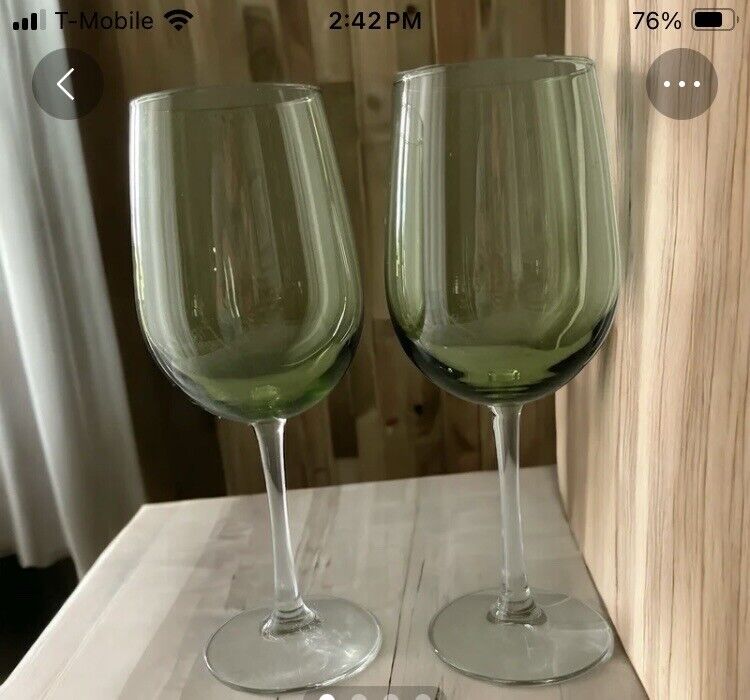2 Elegant vintage olive green wine glasses with clear stem