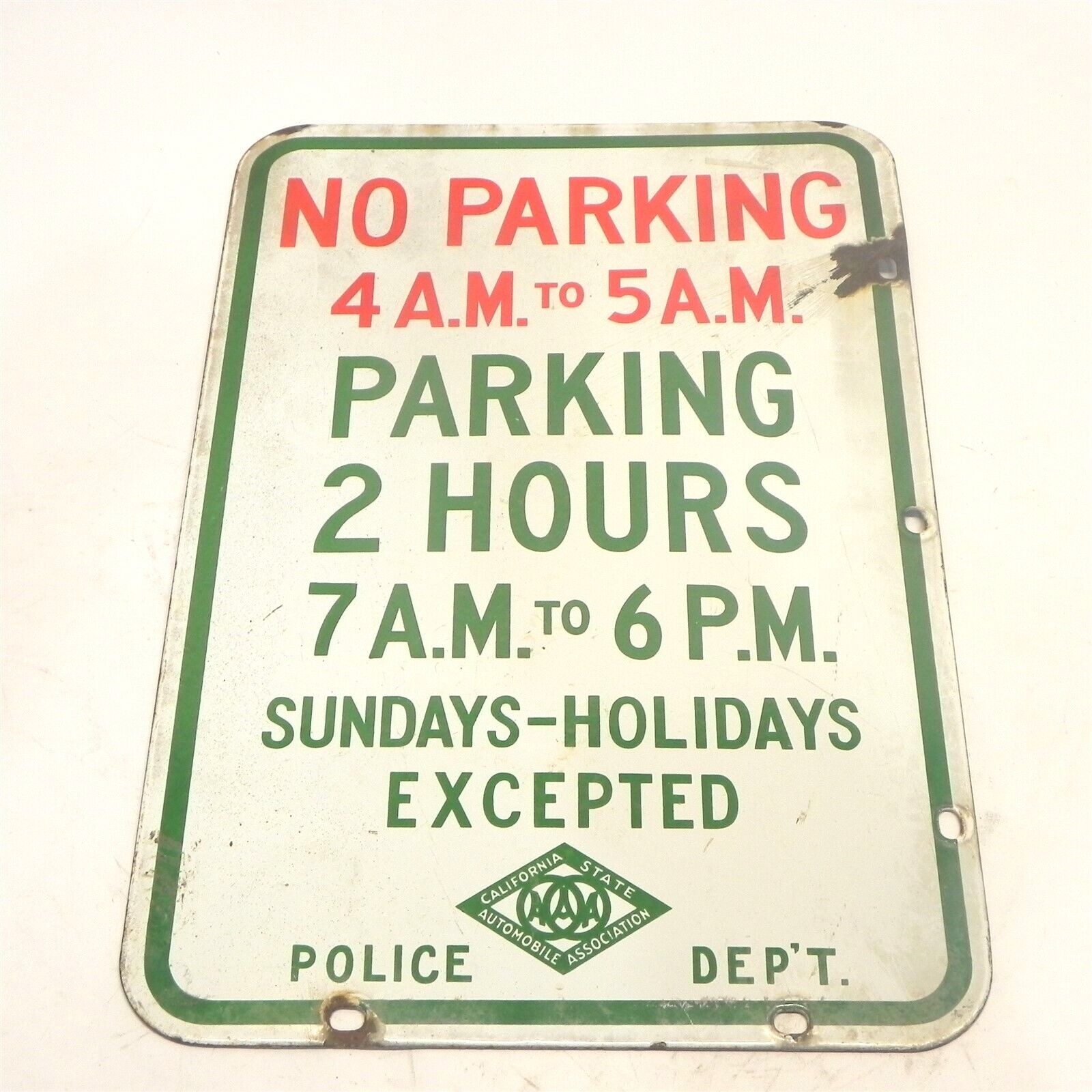 VINTAGE AAA CALIFORNIA PORCELAIN NO PARKING SIGN DOUBLE SIDED CSAA POLICE USED