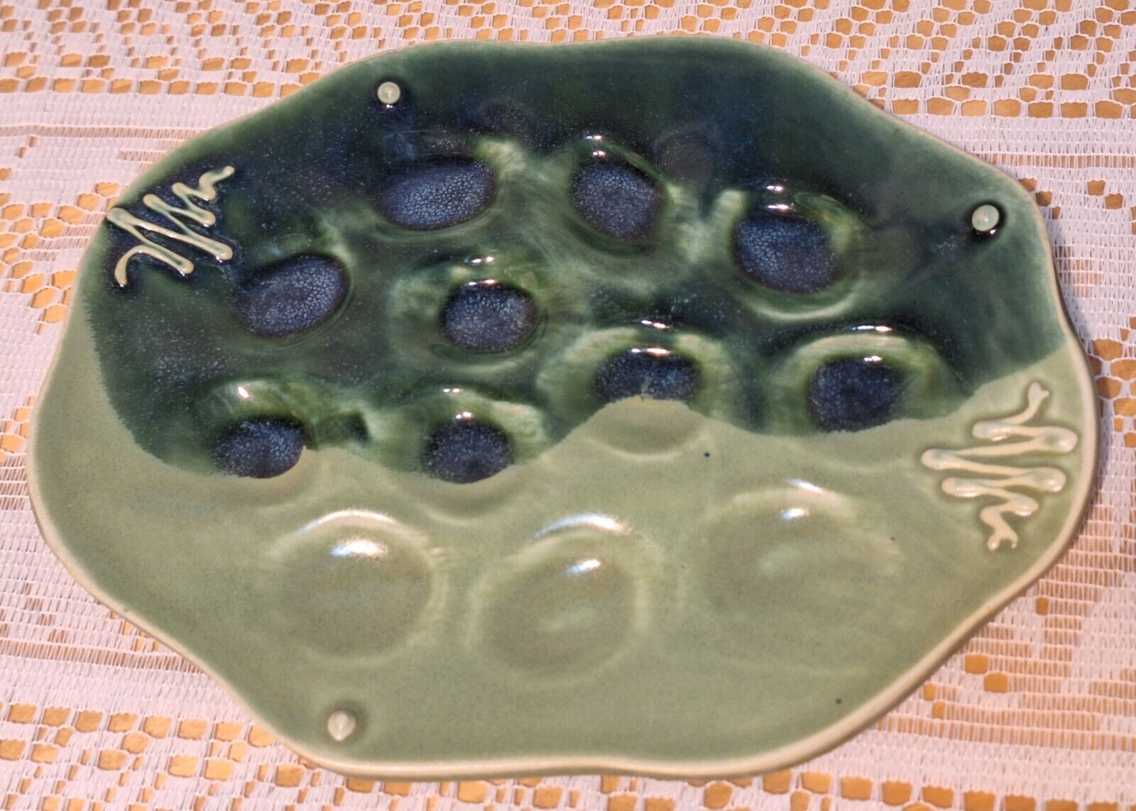 RARE Vintage Ole Fish House Handmade Ceramic Deviled Egg Platter Tray, USA, 1980