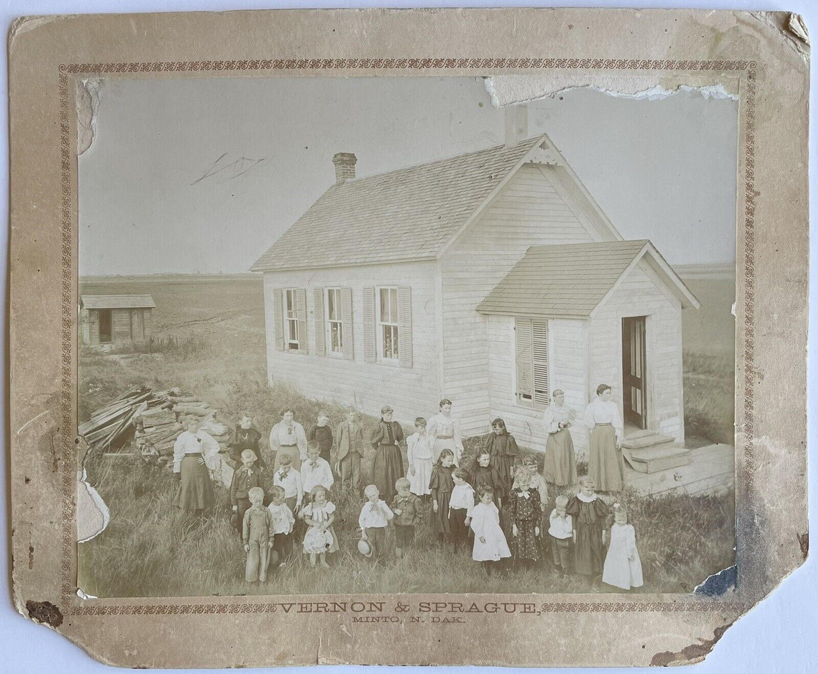1890s Minto North Dakota One Room Schoolhouse Large Antique Mounted Photo