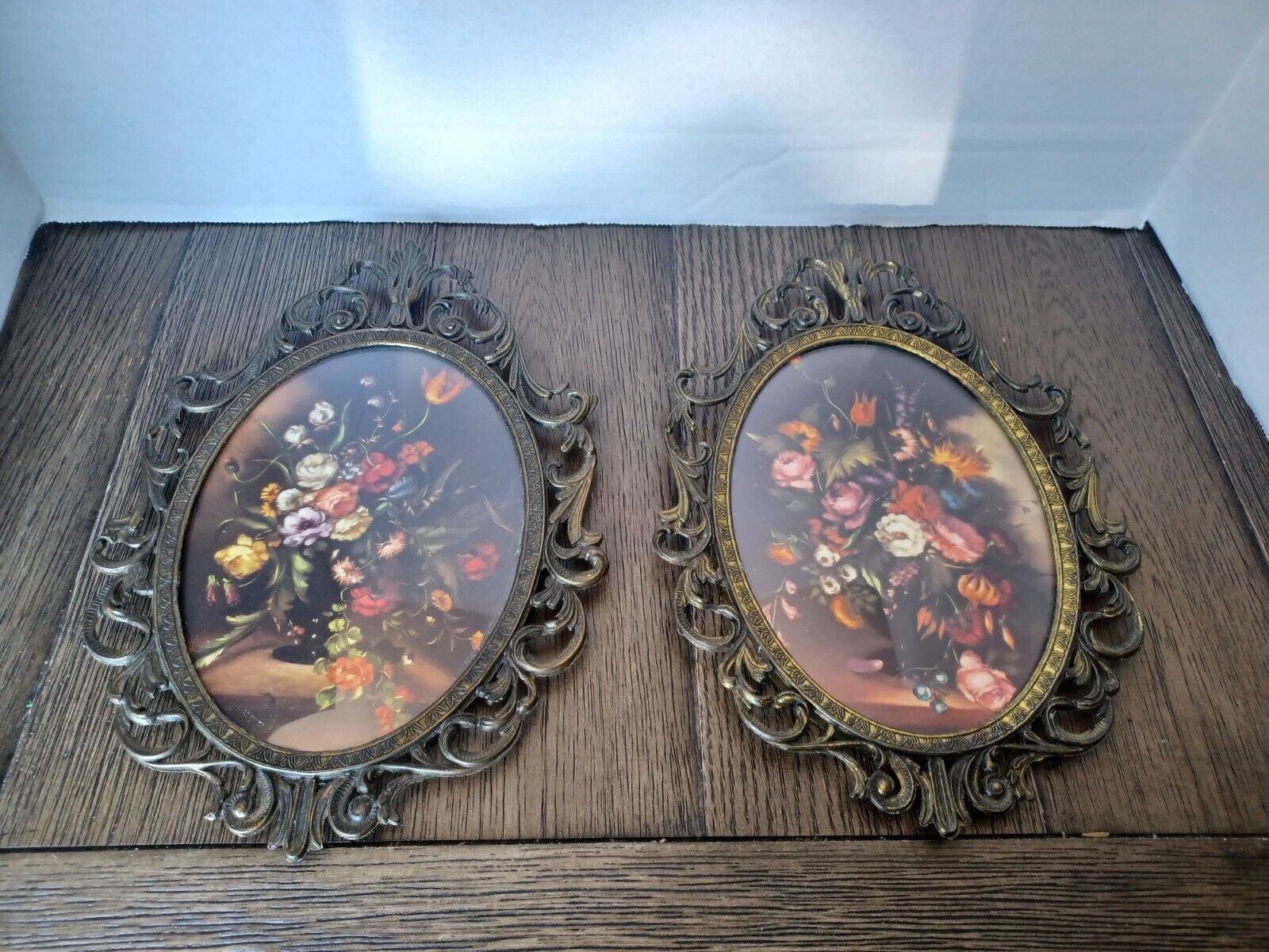 2 Vintage Oval Brass Frame Floral Picture in Convex Bubble Glass Made In Italy