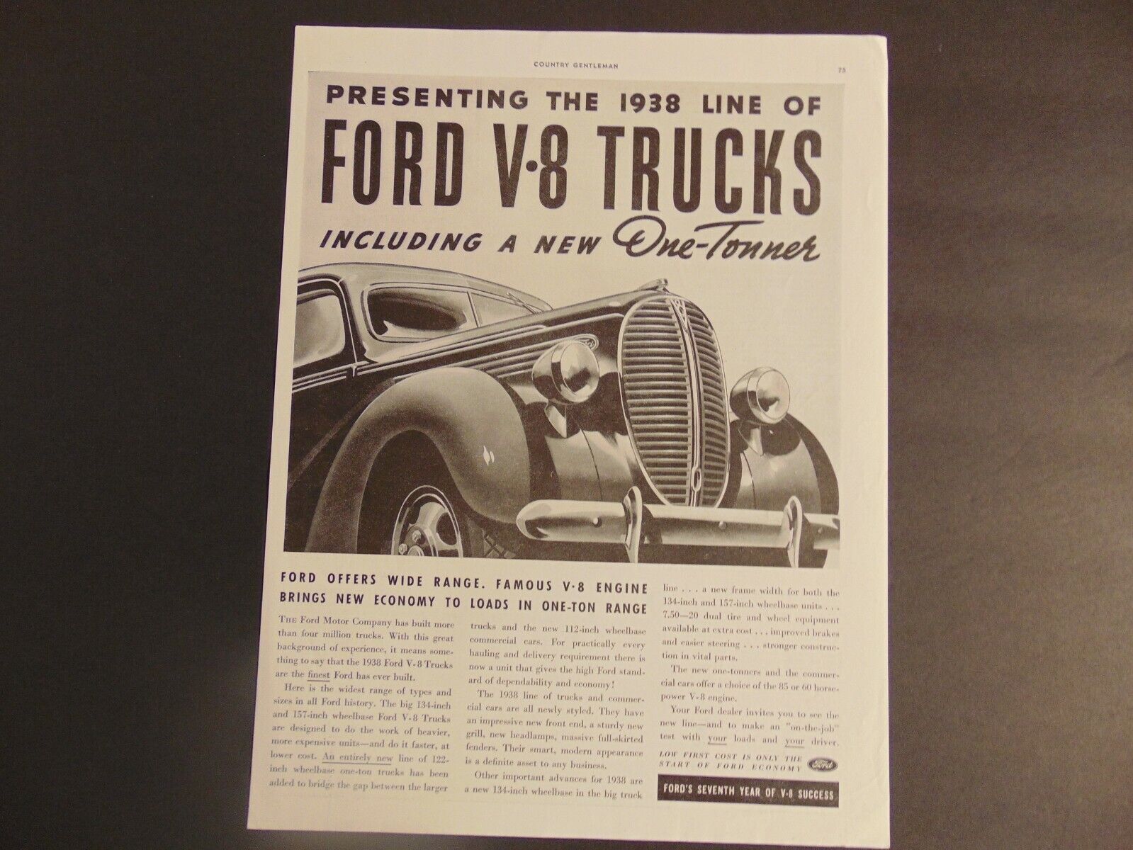 1938 FORD V-8 TRUCKS New One-Tonner vintage art print ad