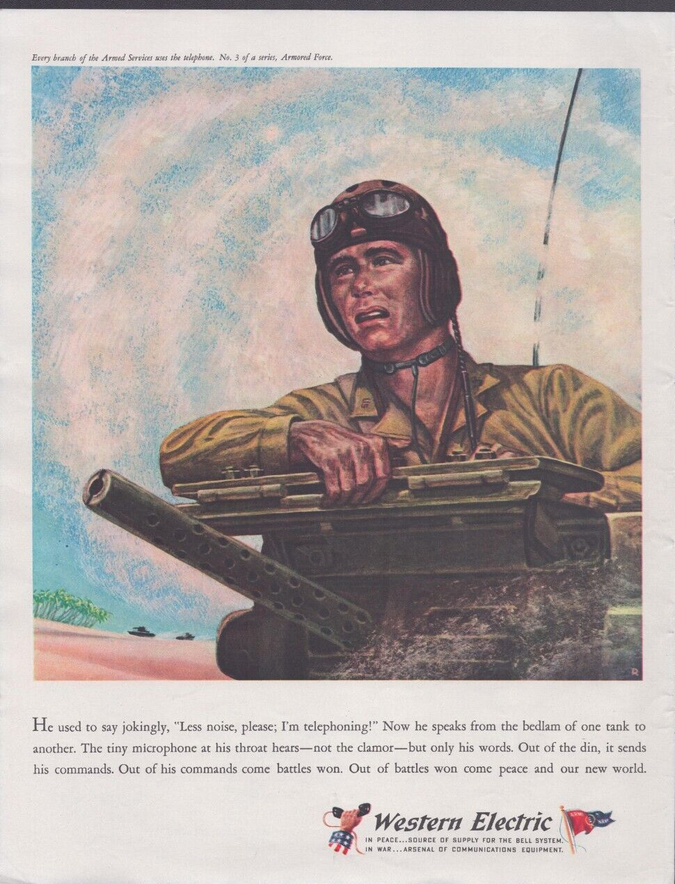 1943 Print Western Electric Armed Services Armored  Illustration WWII Home Front