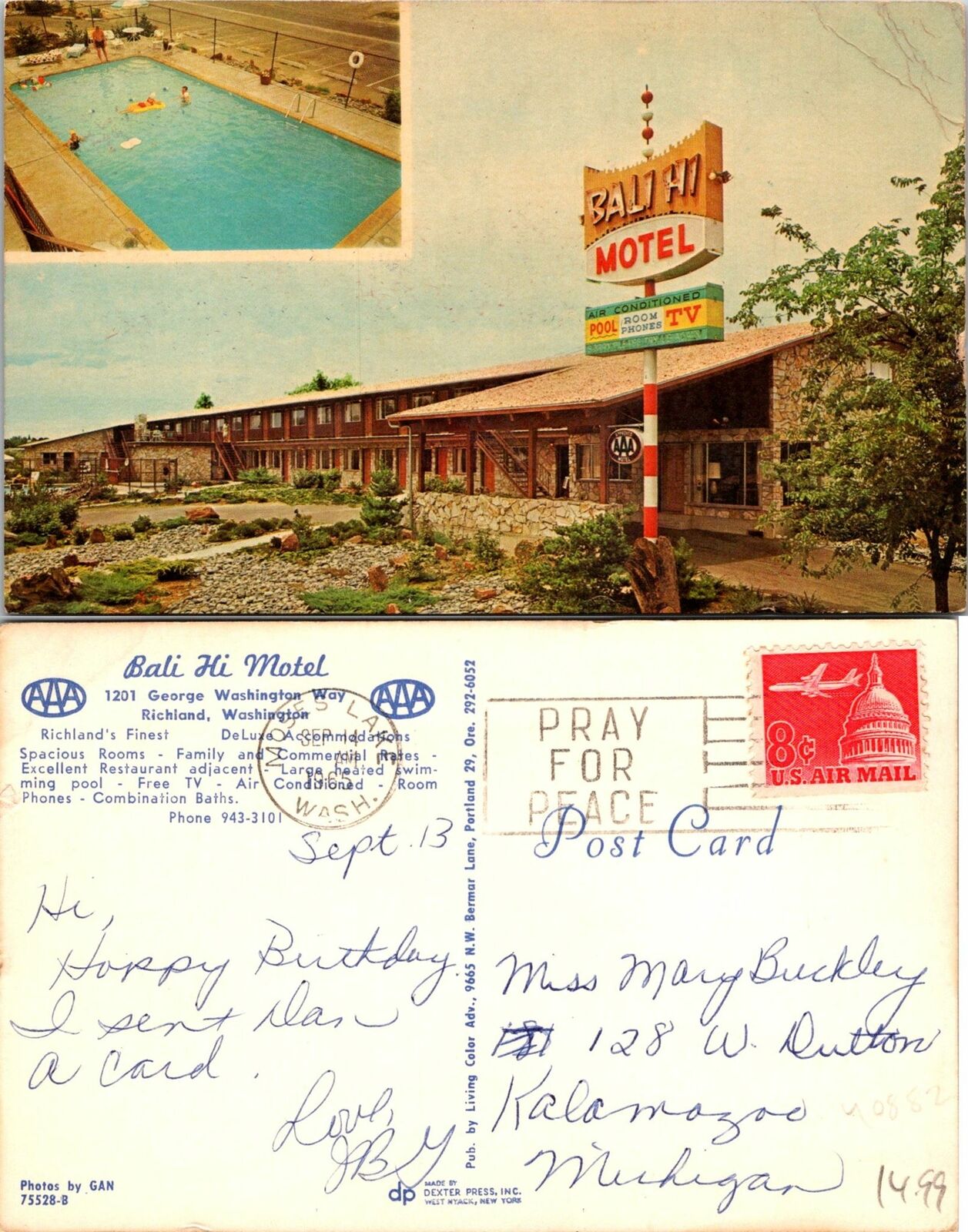 Richland WA Bali HI Motel Postcard Used (40882)