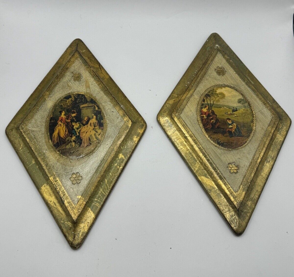 2 Vintage Italian Florentine Gold Gilded Wall Plaque Art Picture